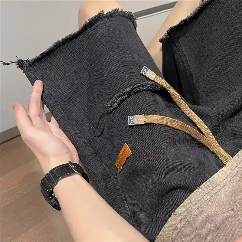 Man Denim Shorts Selvedge Drawstring Ripped Short Jeans Pants for Men Korean Fashion Summer Buttons Jorts Xxxl Trend 2024 New In