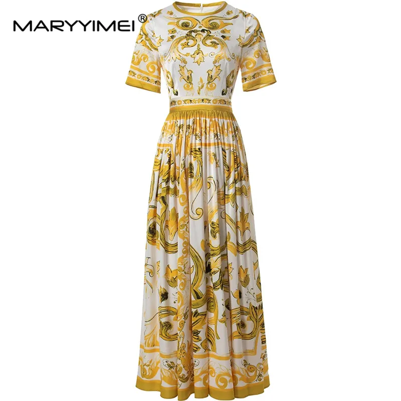 MARYYIMEI Spring Summer Fashion Women Cotton Vintage Short Sleeved Yellow Printed Flods Streetwear Dresses