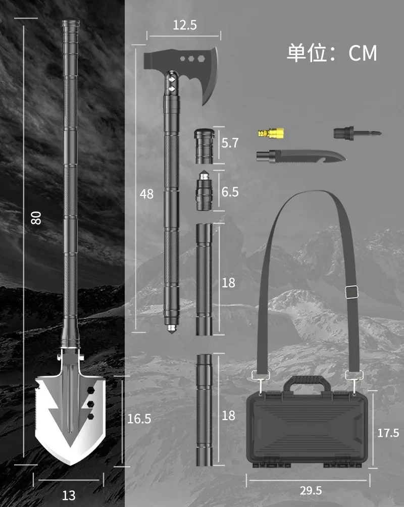 Outdoor Camping Shovel with Axe Multifunction Survival Tool Compass Aluminum Alloy Folding Spade Knife Snow Shovel Shoulder