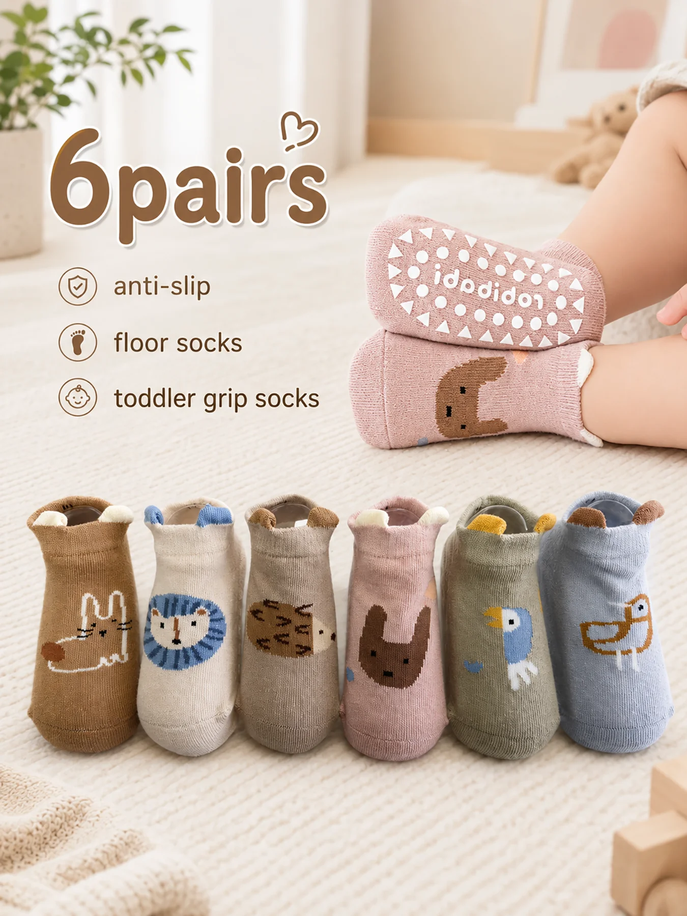 6 Pairs of Cartoon Anti-slip Socks for Boys and Girls, Specially for Toddlers Learning to Walk, Thermal-insulated Home Socks