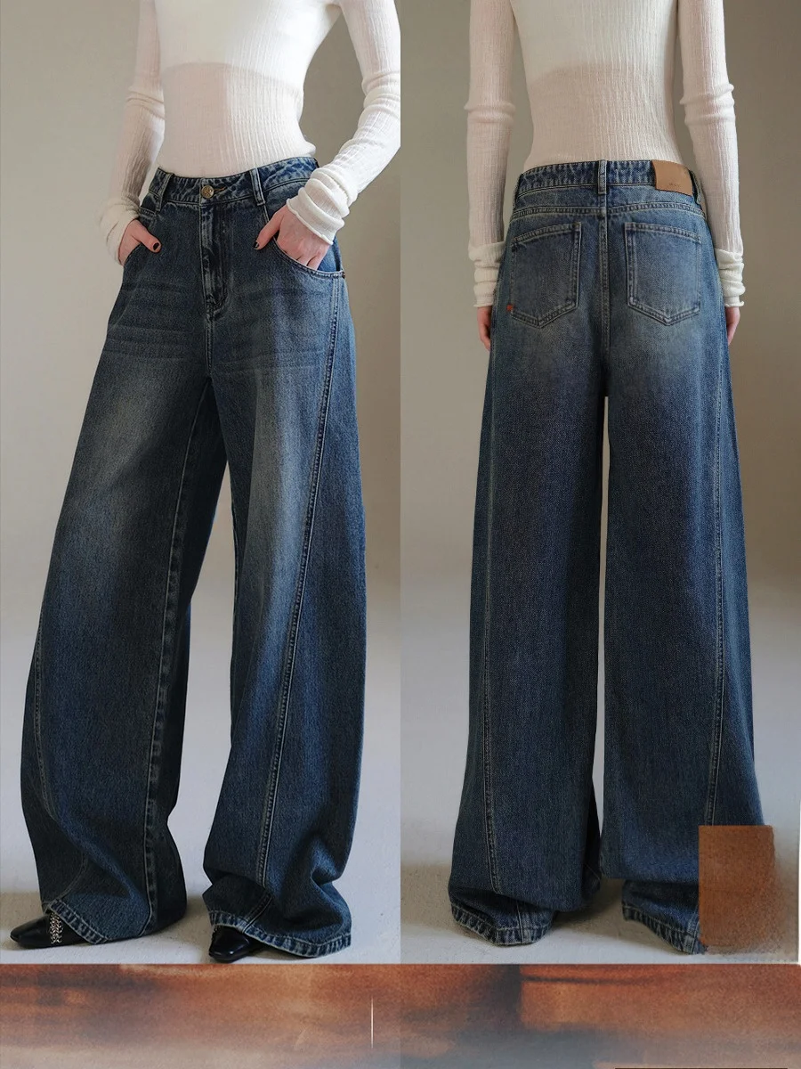 

Mogas Long een Spirit Брюки Широкие повседневные джинсы длиной до пола, женские свободные джинсы, весна-осень, хлопок l, молния на талии