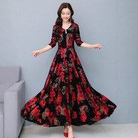 V-neck A- line Dress with Pockets And Buttons Floral Long Dress for Women Autumn Winter Retro Chinese Style High Waist Dress