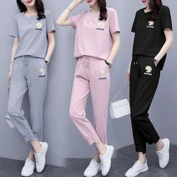 Women's Leisure Outfits 2023 Summer New Fashion Korean Small Daisy Embroidered T-shirt Tops And Pants Two Piece Set Lady Clothes