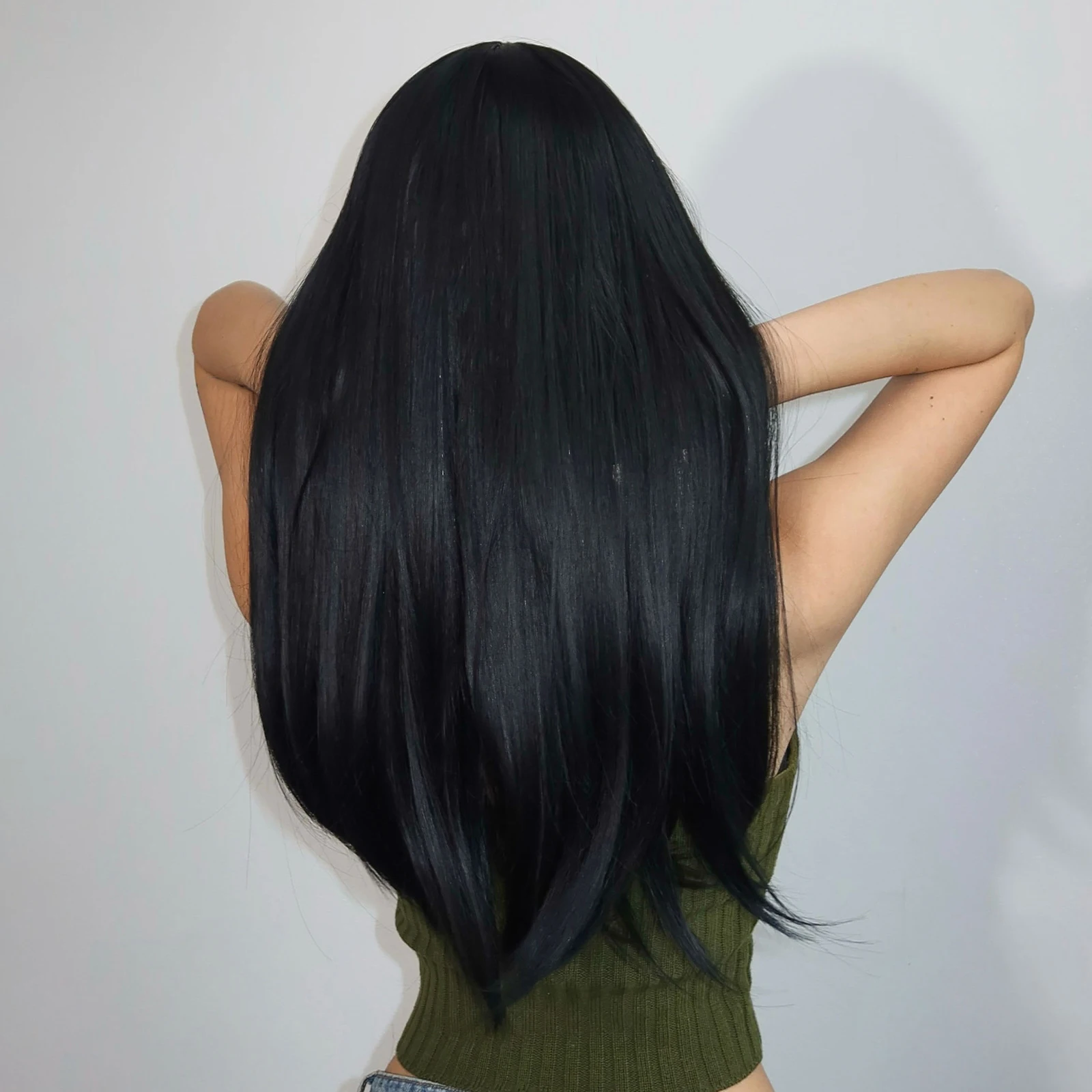 Peluca de cabello negro liso sedoso para mujer, pelucas sintéticas largas naturales con flequillo, resistentes al calor, uso diario para fiesta de