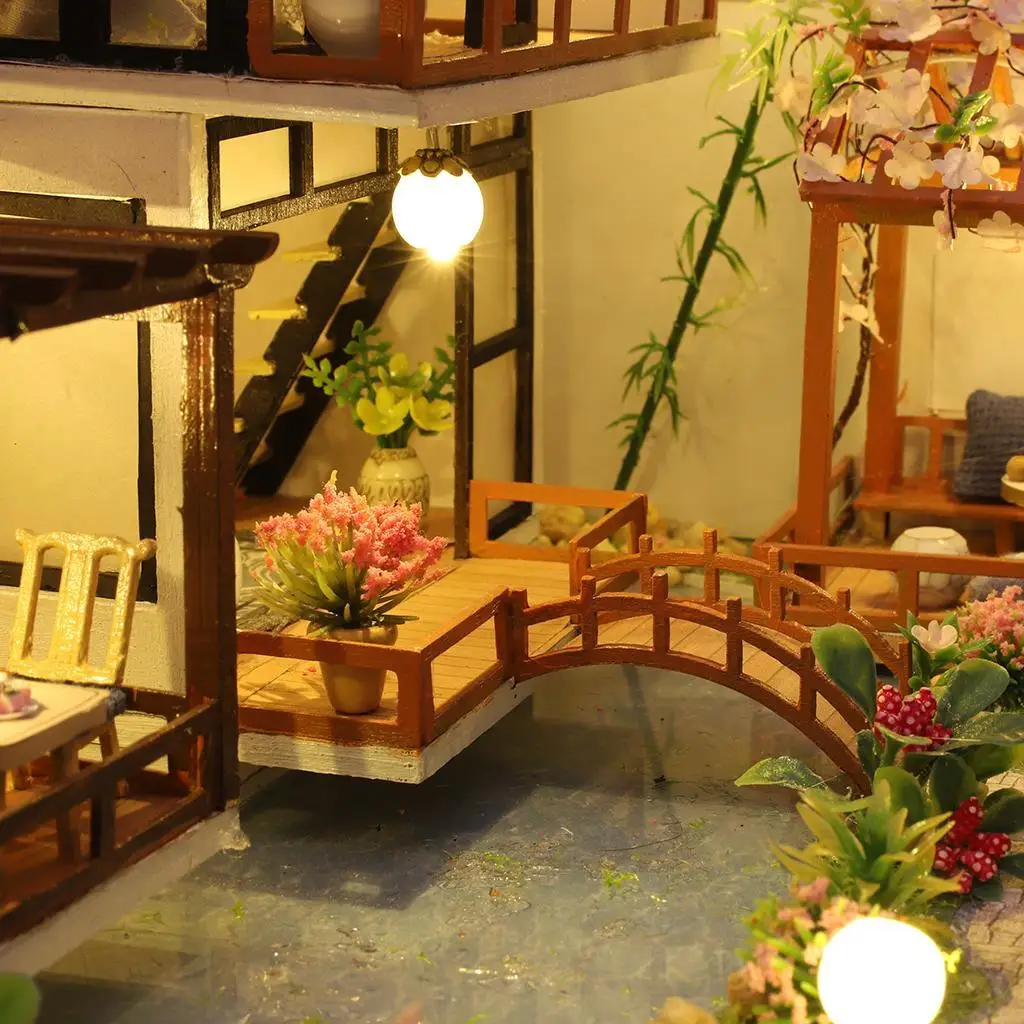 Casa de bonecas artesanal criativa com móveis decoração de boneca com luz LED