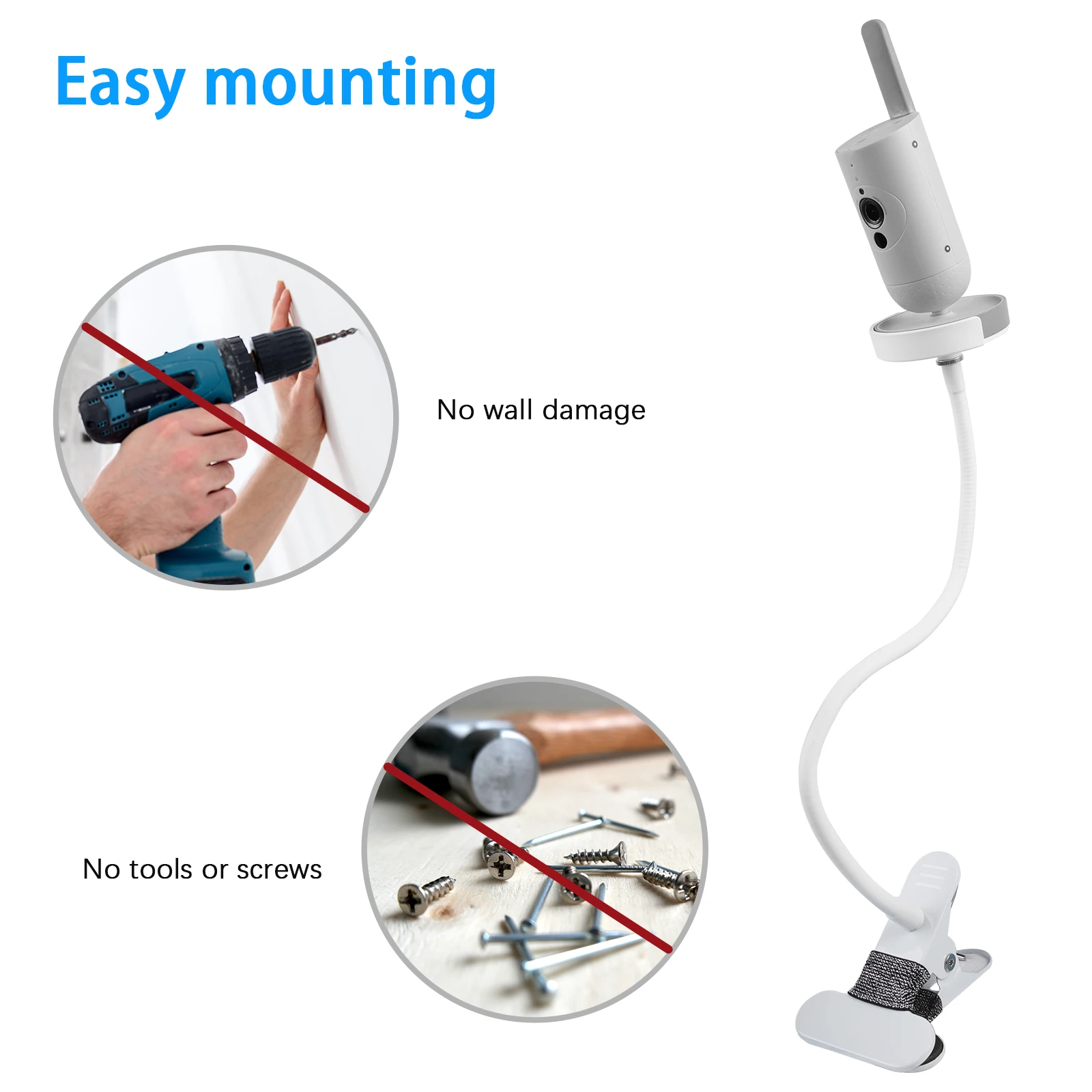 Flexible Clip Clamp Mount with Base For Philips Avent Connected SCD923/26 Baby Monitor,Clip to Crib Cot Shelves or Furniture