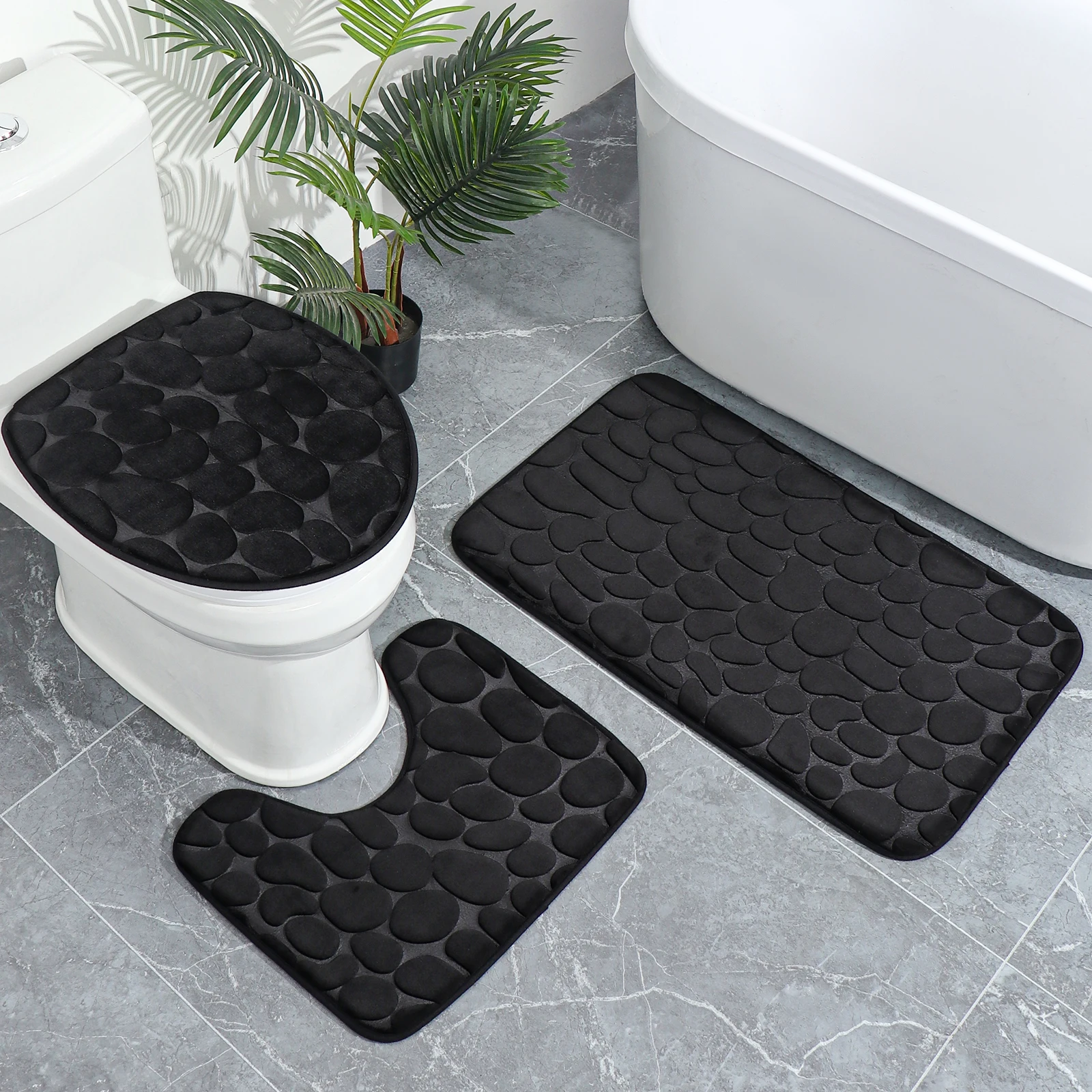 Toilet Seat Cover 3Pcs Set Bath Mat Shower Room Floor Rug Home Bathroom Anti-Slip Absorbent Doormat Pebbles Bathtub Decor Carpet