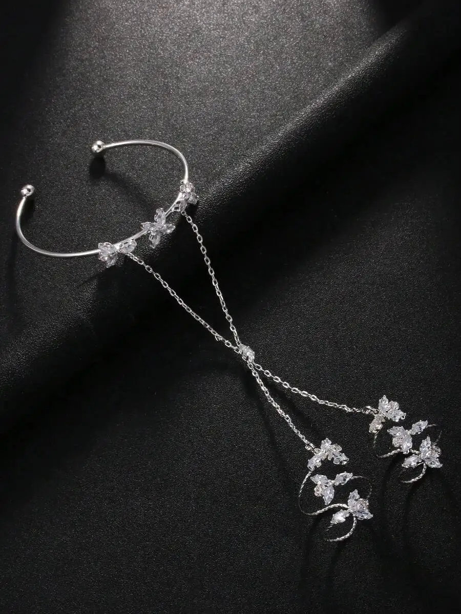 SGIAWETA-1pc Flower Knuckle Ring Hand Chain, Luxury Zirconia Hand Back Chain For Women, European And American Bride Wedding Bracelet-birthdaygift view 3
