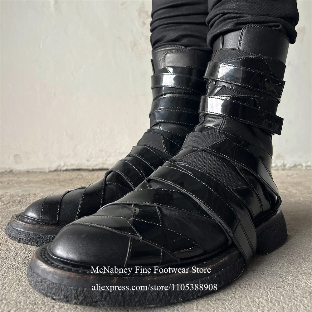 

Мужские повседневные ботинки из лакированной кожи на массивном каблуке с круглым носком, на ремешках, для вечеринок и уличного стиля, большие размеры