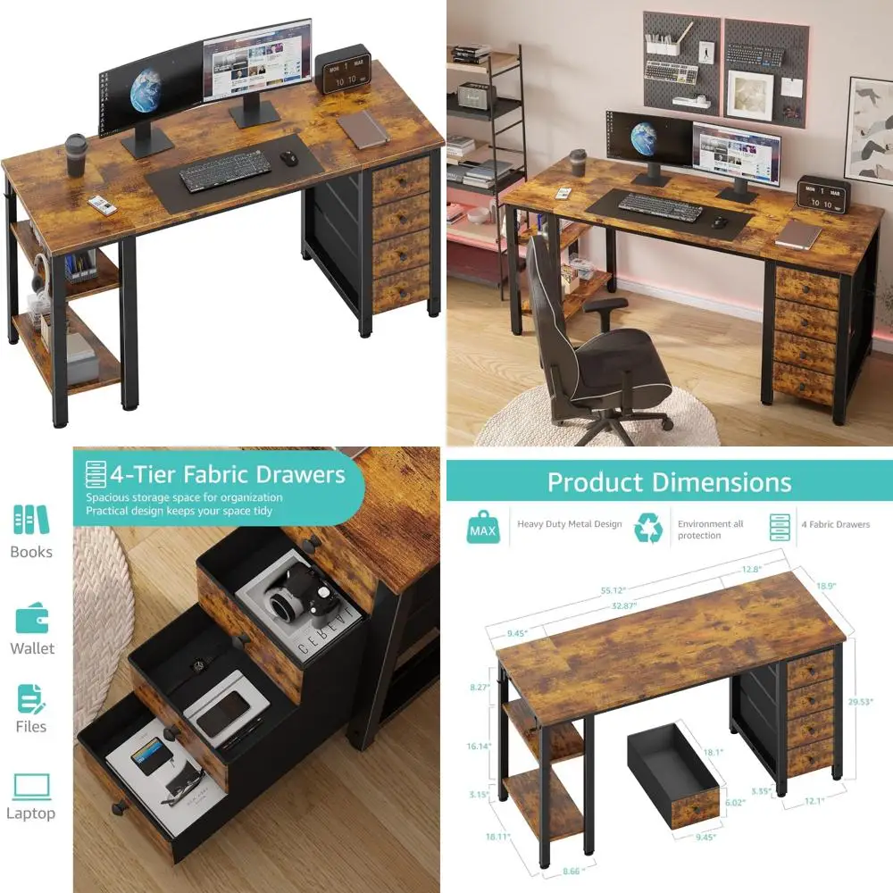 مكتب كمبيوتر حديث مقاس 55 بوصة مع 4 أدراج قماشية وأرفف تخزين للمكتب المنزلي ومكتب الكتابة والدراسة في غرفة النوم، Styli