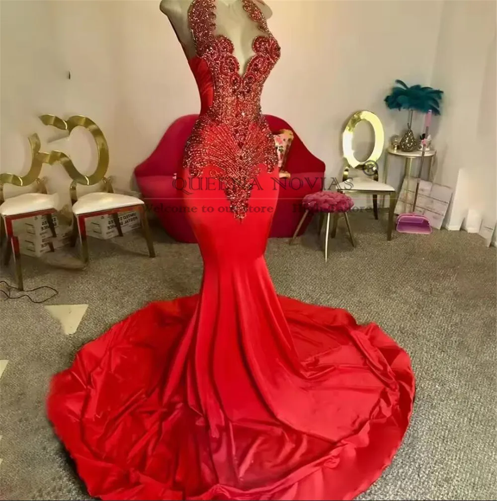 

Luxury Red Mermaid Long Prom Dresses For Black Girls Crystal Beaded African Bride Birthday Formal Party Evening Gown Customized