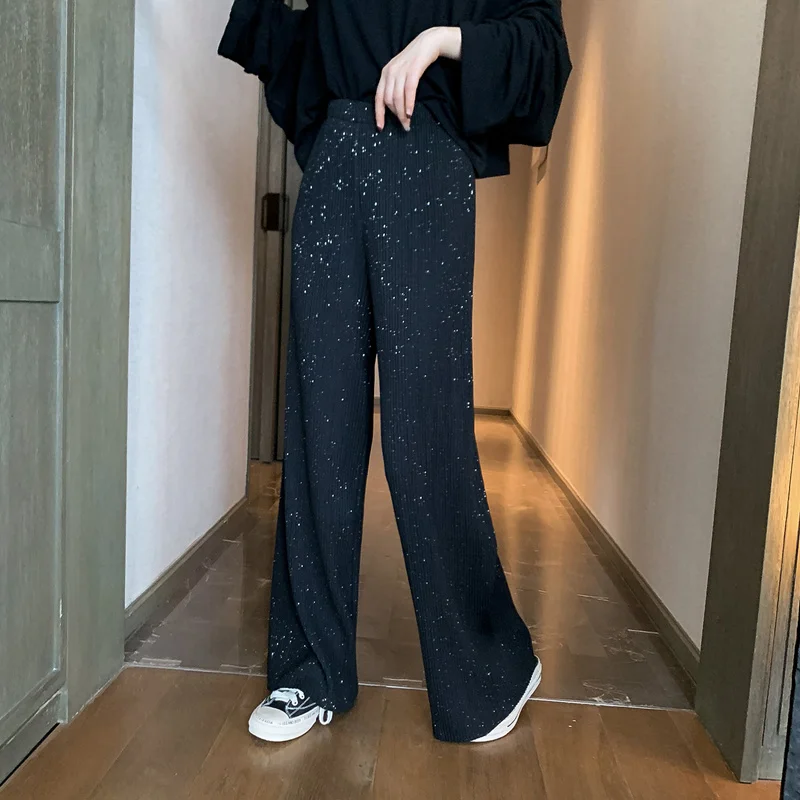 กางเกงขายาวสตรีสีกากีม้วนขึ้นจุดหัวไชเท้าปีกยืดสูงหนังสือพิมพ์ผลกระทบผลกระทบยาวถึงเข่าพรุนเรืองแสง