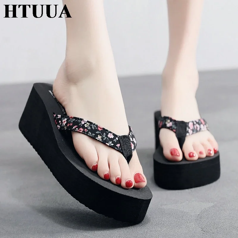 Fashion Black Wedge Slippers Women Sandals Casual Beach Flip Flops Summer Shoes Platform Slides High Heels SX2114