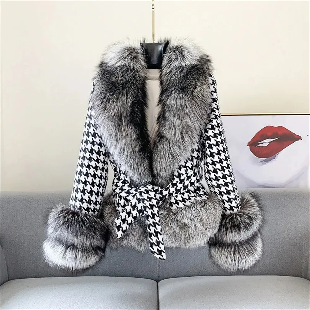 Trendvestidos De FiestaFur Coat 'S 2024 New Youth Haining Women'S Short Thousand Bird Plaid Collar Silver Fox Fur Coa