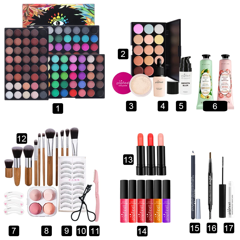 All-in-One Makeup Kit Pro Cosmetic Set Damen Komplettset Lidschatten Lippenstift Pinsel Primer Puder Wimpern für Anfänger Experten