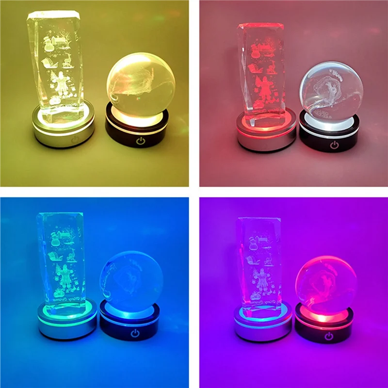 6X LED Light Base With Sensitive Touch Round Colorful Stand Display For 3D Crystal Glass Art Photo Frame Silver Concave-Tvdae