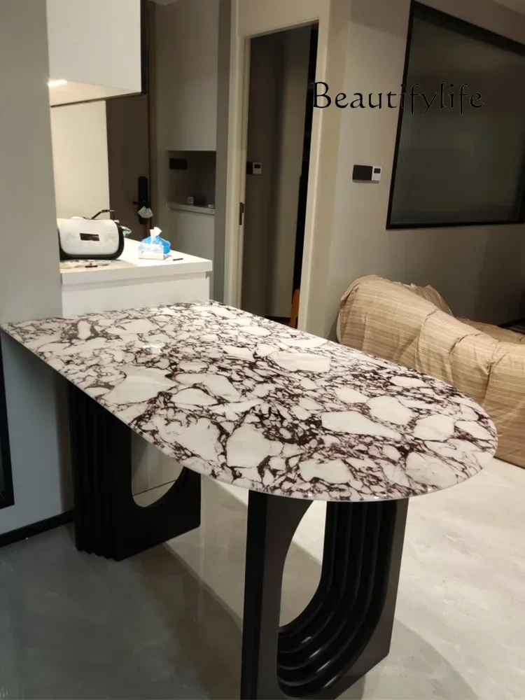 N45 French retro cream style natural marble semi-round island integrated dining table light luxury household small apartment