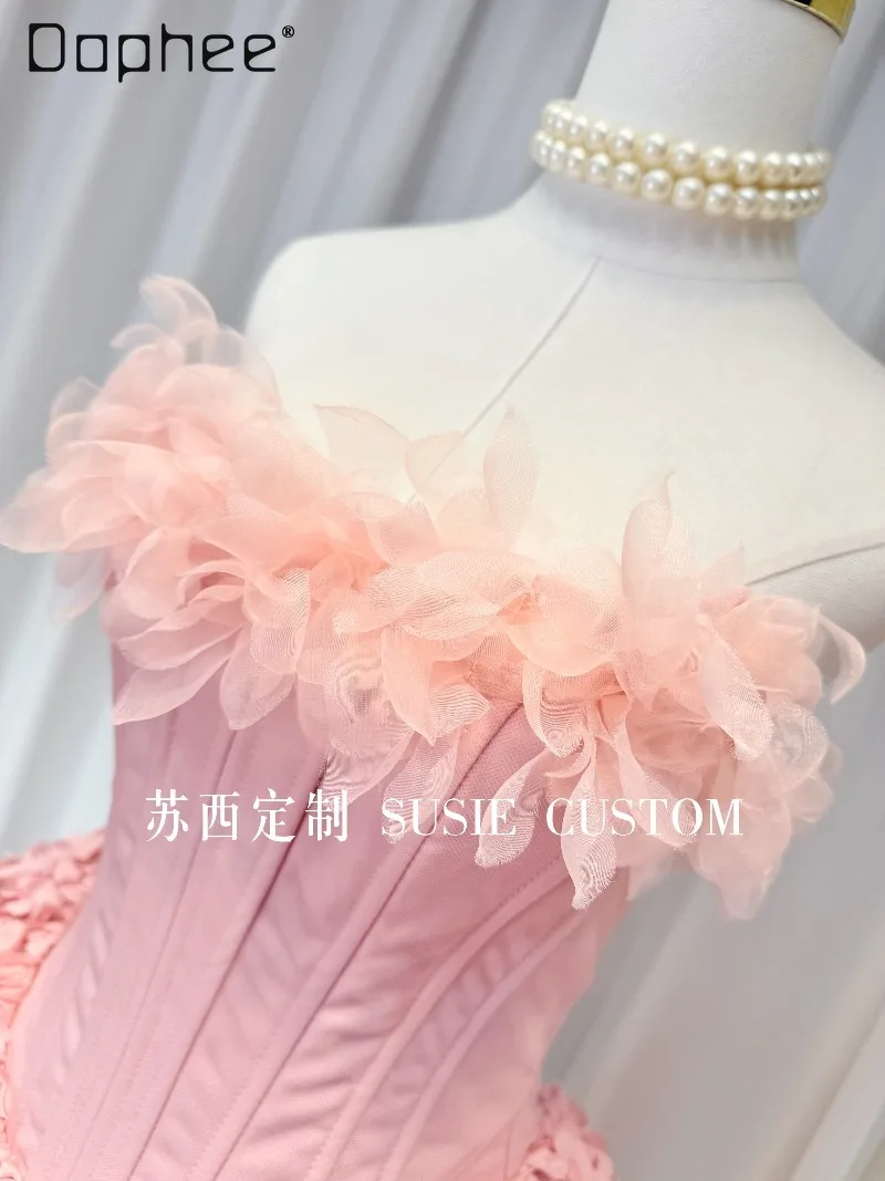 High-end French Sweet Princess Flower Fishbone Strapless Multi-layer Puff Dress French Elegant Socialite Birthday Evening Dress