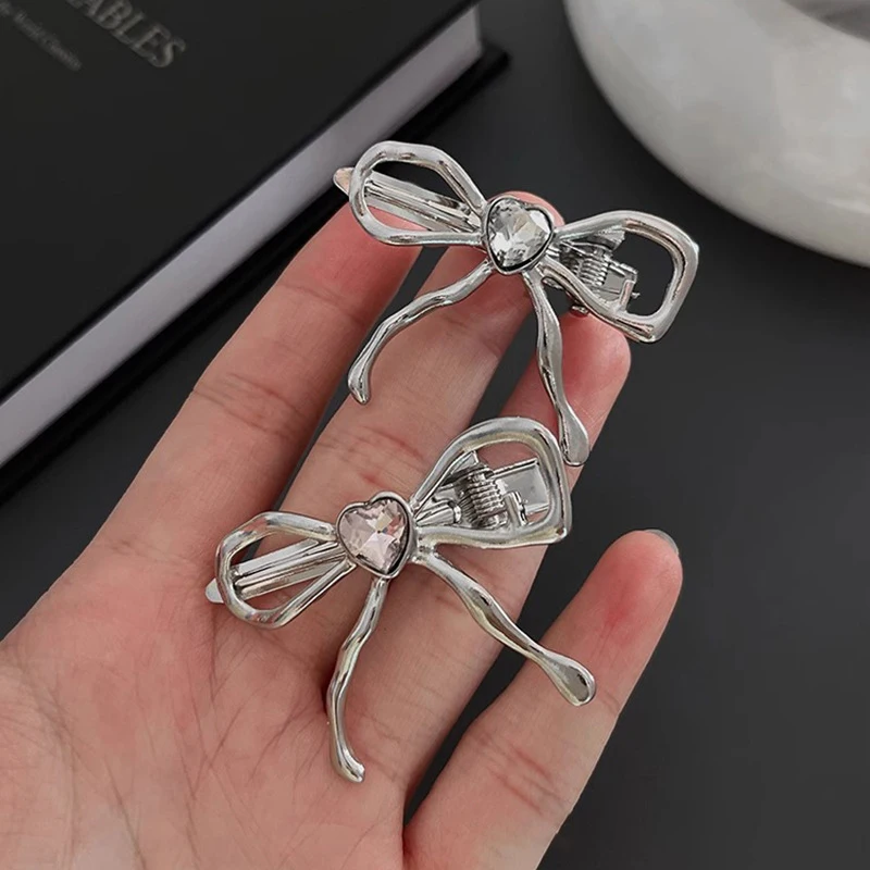 Metal Bowknot Heart Crystal Barrettes Hairpin Women Elegant Side Bangs Duckbill Clip Women Girls Hairclip Hair Accessories