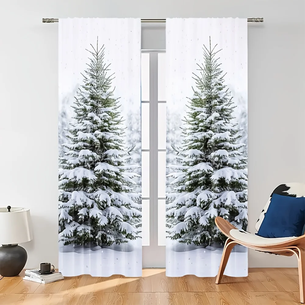 

2D FLAT 2pcs Curtains Snow Covered Pine Trees Winter Scene Perfect for Balcony, Bedroom, Study, Living Room, Suitable for Spring
