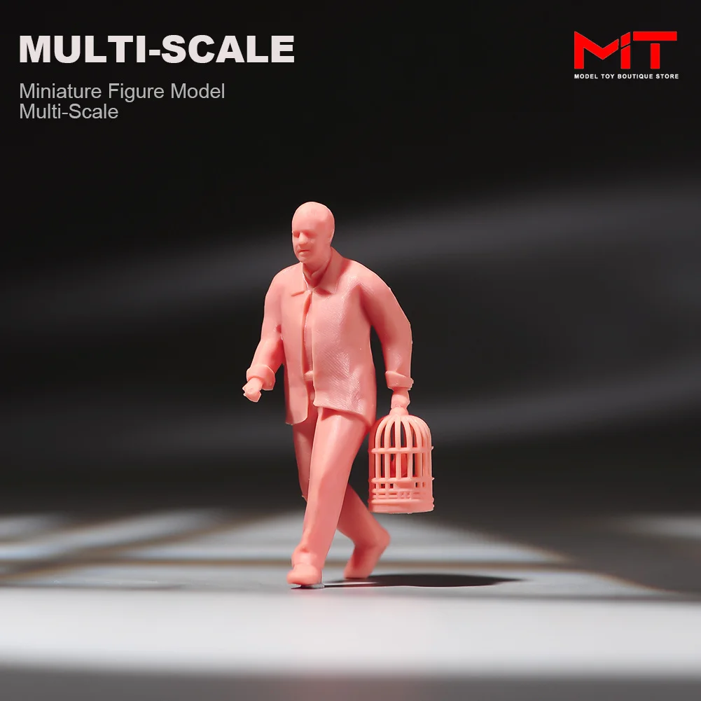 Miniatures Figurine 1/64 Elderly Man Carry Bird Cage Walk Figures Mini Doll Model Creative Photography Sand Table Scene Props