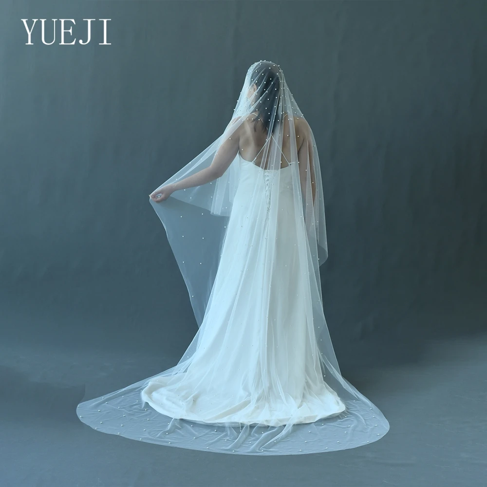 YUEJI Double Blush Bridal Veil With Pearls Cathedral Velo De Novia Largo Velos Cristianos De Iglesia YJ08