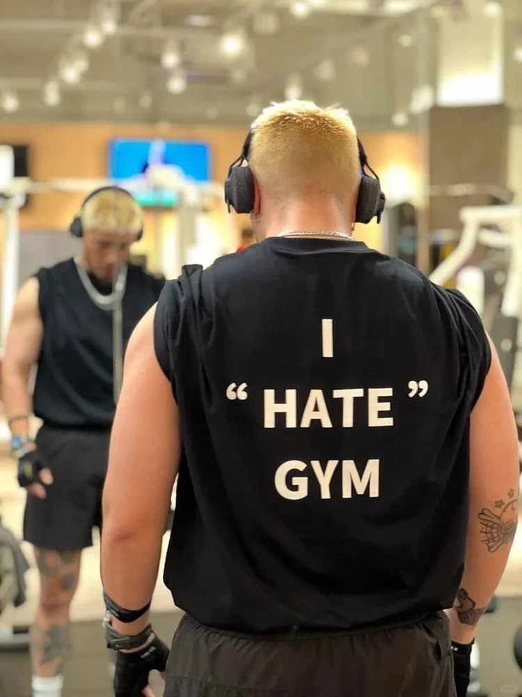 I' Hate Gym Pure Cotton round Neck Short Sleeve T-Shirt Fitness Sport Unisex Breathable Casual Wear for Youth All Seasons