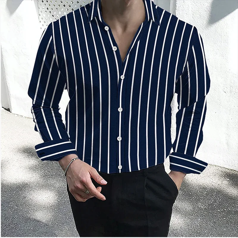 Men\'s formal casual shirt button lapel shirt black and white red long sleeve striped lapel shirt large size XS-6XL