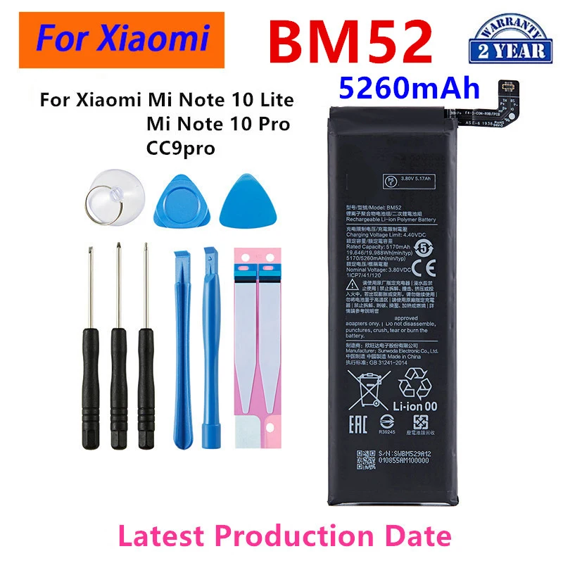

100% Orginal BM52 5260mAh Battery For Xiaomi Mi Note 10 Lite / Mi Note 10 Pro / CC9pro CC9 Pro Phone Batteries+Tools