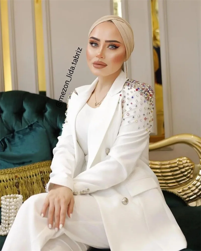 White Bridal Women Suit Set 2 Pcs Crystals Blazer+Pants Trousers Formal Office Lady Jacket Cotton Customized Wedding Party Coat