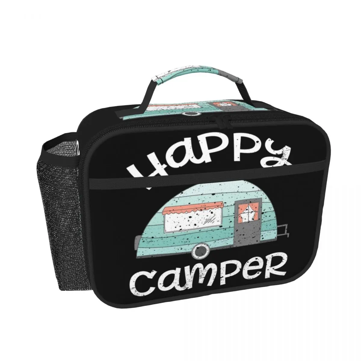 Happy Camper Retro Trailer RV Caravan Camping Insulated Lunch Bag for Women Kids Portable Food Boxes Thermal Lunch Box Tote