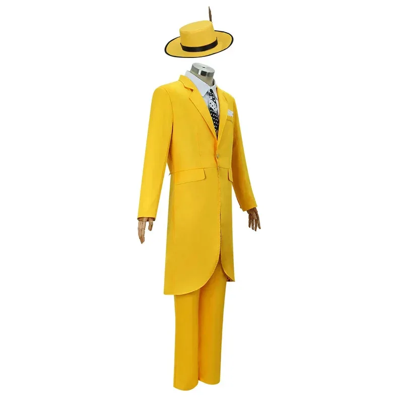 

CyMovie The Mask Cosplay Costume Jim Carrey Cos Yellow Suit Hat Full Set Halloween Party Performance Uniform Role Play Adult Men