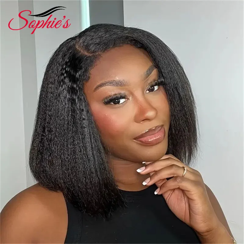 

Sophies Short 180%Density Yaki Straight Bob Cut 4x1 Lace Front Human Hair Wig with Natural Hairline and Baby Hair