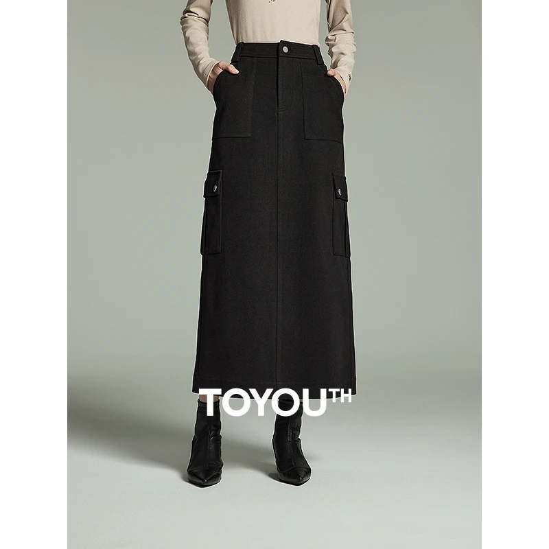 Toyouth Women Imitation Woolen Skirt 2023 Winter High Waist H-shaped Loose Multiple Pockets Fashion Warm Black Mid-length Skirt