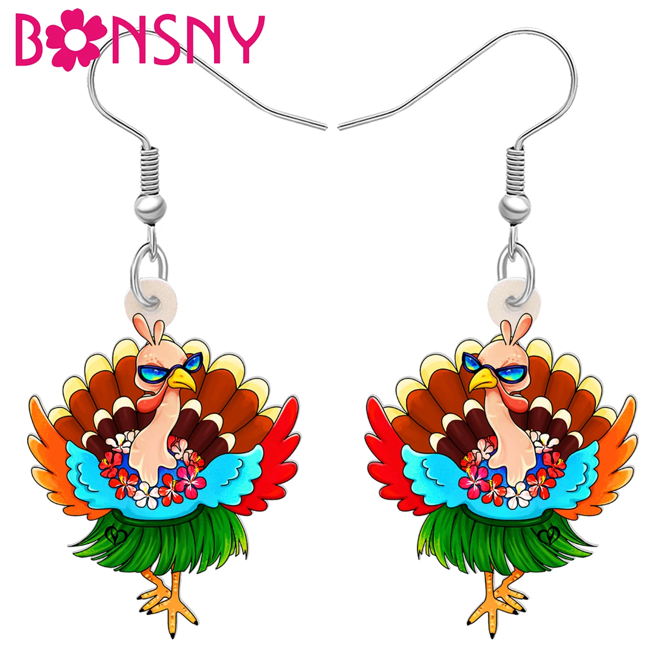 BONSNY Acrylic Thanksgiving Turkey Drop Earrings Funky Hula Skirt Animals Chicken Jewelry Thankful Gifts For Women Party Charms