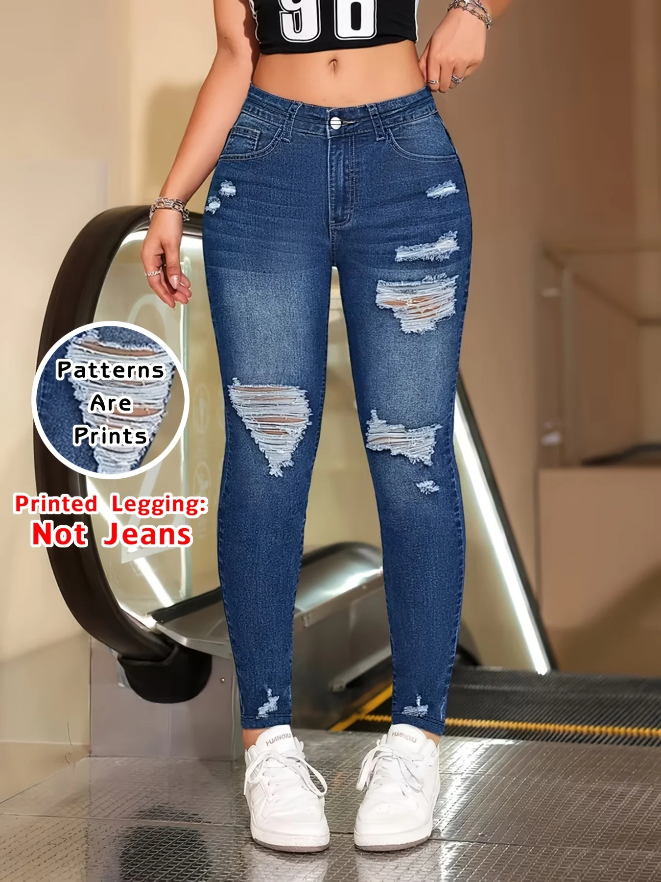 Fashion Printed Faux Denim Skinny Pants, High Waist Elastic Hip Lifting Tummy Control Outerwear Long Leggings