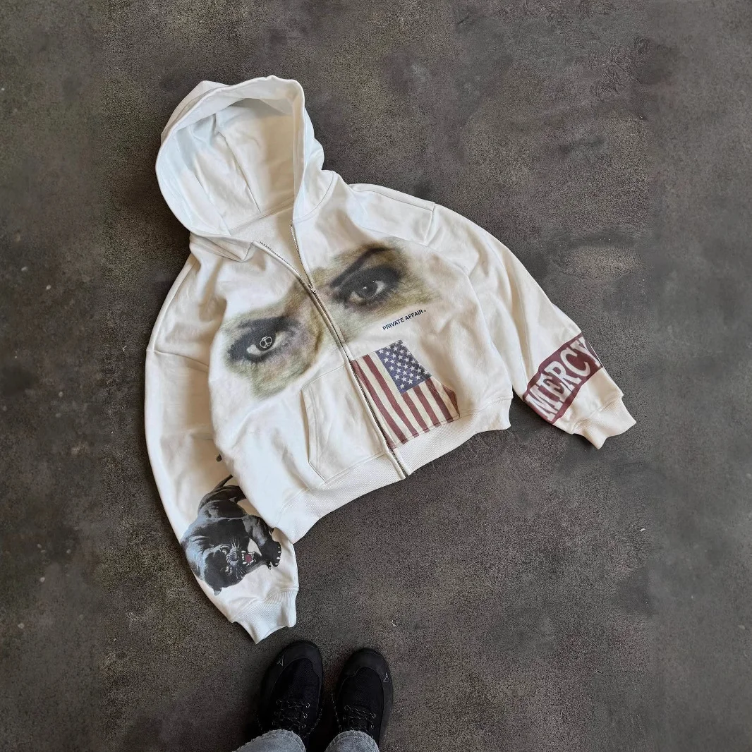 Retro-Amerikanische Flagge Leopardenmuster Reißverschluss-Kapuzenpullover Unisex Locker Sitzende Kurze Vollreißverschluss Streetwear Kapuzenjacke – Detail 5