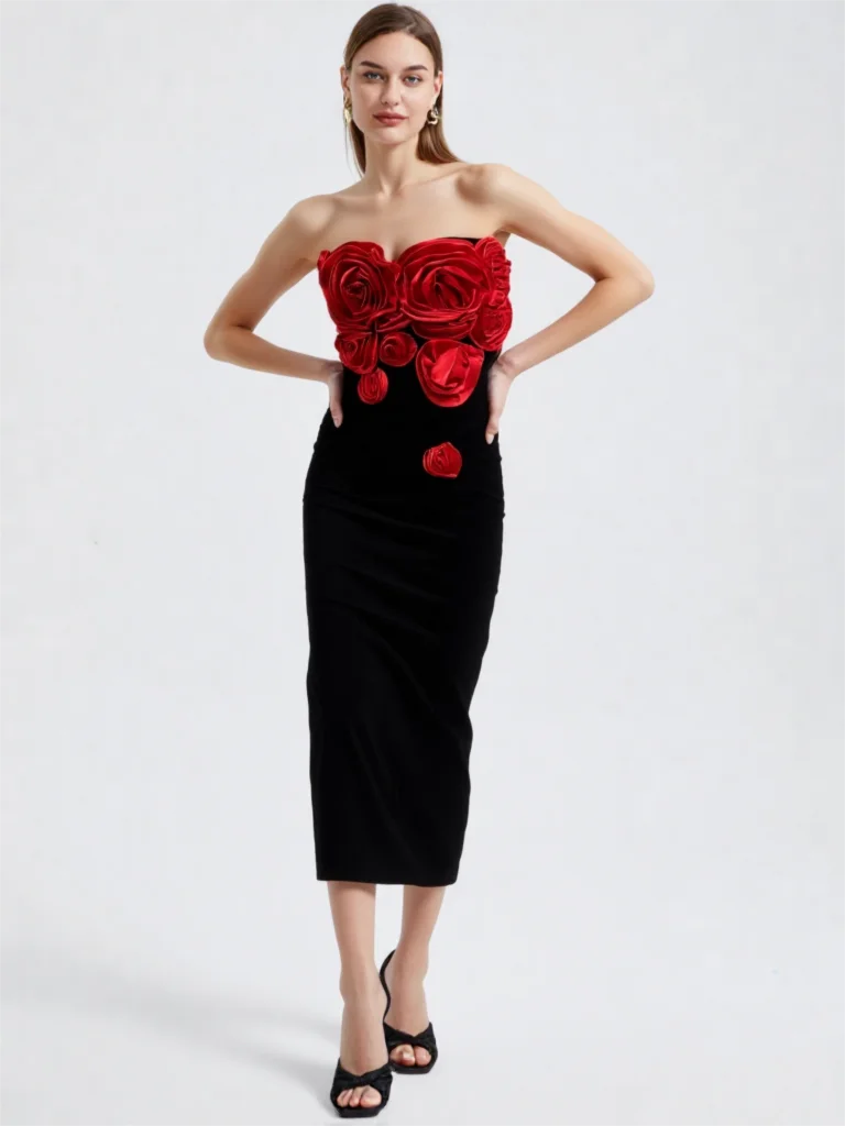 Women Sexy Strapless Elegant Flower Decoration long dress