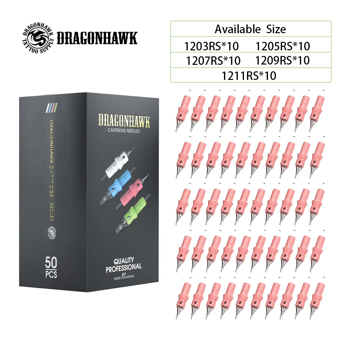 Dragonhawk 0,3 mm/0,35 mm Durchmesser, 50 Stück/Box, gemischtes Modell, Einweg-Tattoo-Nadelkartusche für Rotary-Tattoo-Maschinenzubehör