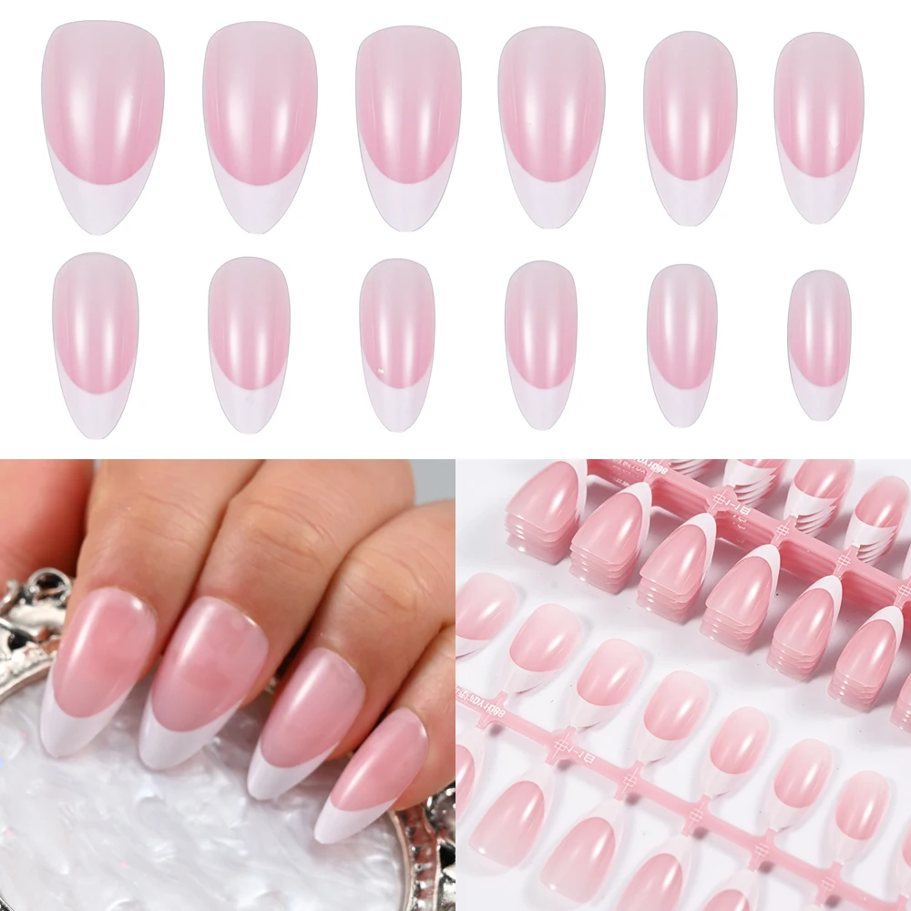 150pcs French Gel Nail Tips Almond Short  5-IN-1 Gloss Press on French Nail Tips Soft Pre-Top Pre-colored Coat False Nail Extens