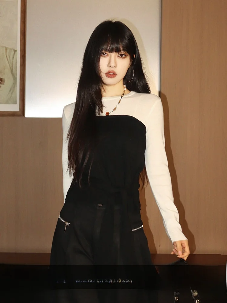 

Slim Fit Knitted Base irt Women's High Waist ort Sle Padded Color Blo Fake Two-Piece T-irt Korean Sle Commute