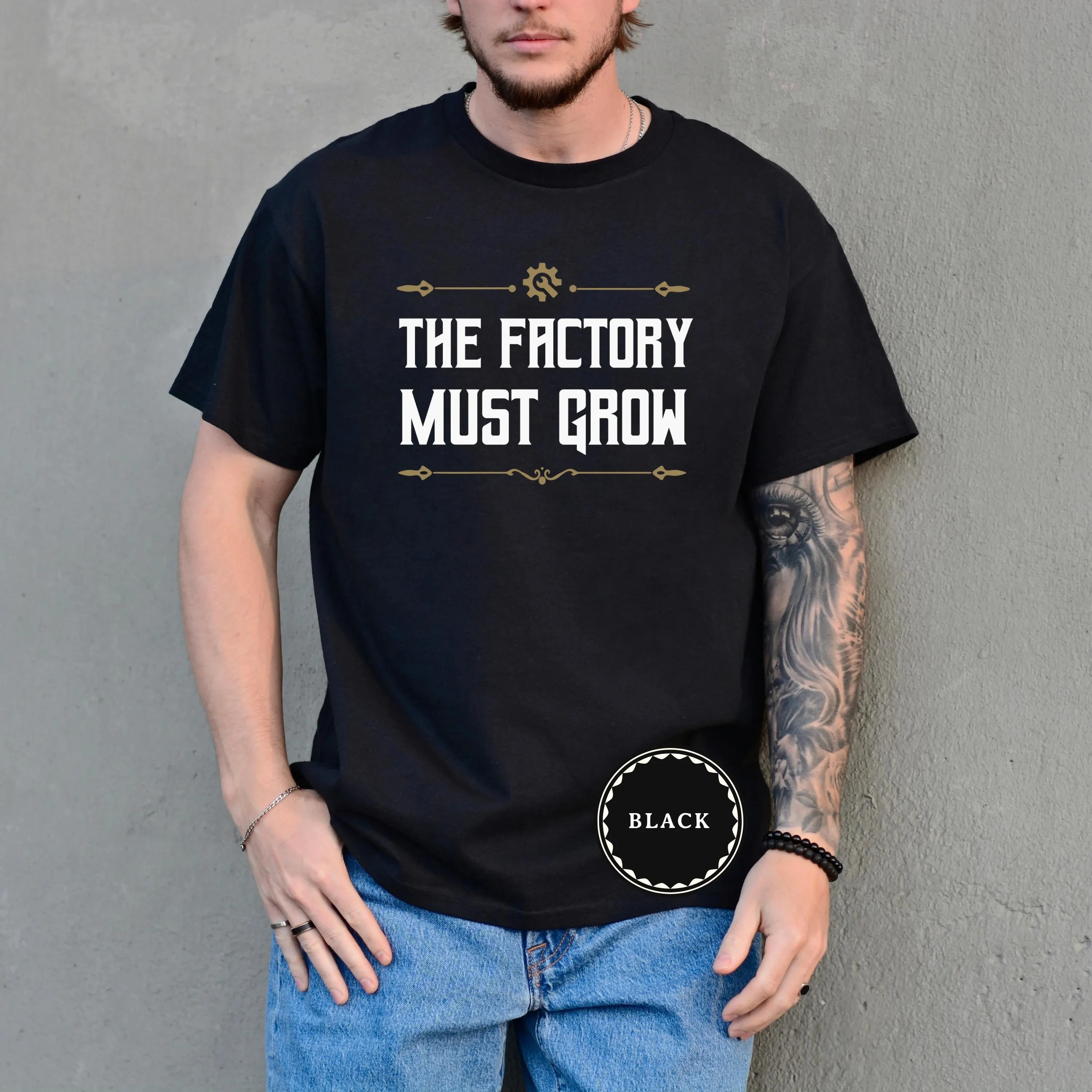 L'usine doit proposer des t-shirts pour hommes, des t-shirts sur le thème du jeu Factory Builder, des t-shirts d'e-sport Factory et des cadeaux pour ingénieurs.