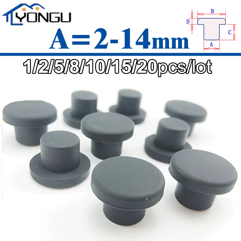 2-14mm Black Silicone Rubber Hole Caps Solid Seal Plug T-shaped Sealing Stopper Inserts Bungs End Cap High TEMP Dustproof Plugs