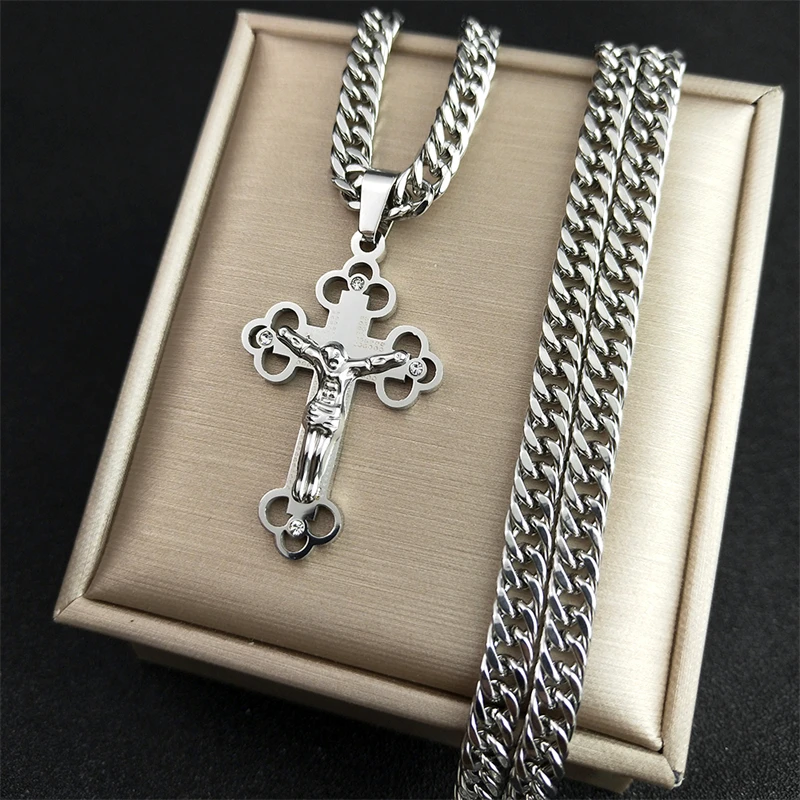 Hip Hop Kreuz Jesus Kreuzigung Halskette für Männer Frauen Gold Farbe Edelstahl Cuban Link Kette Punk Rock Männlichen Schmuck N8242S – Detail 5