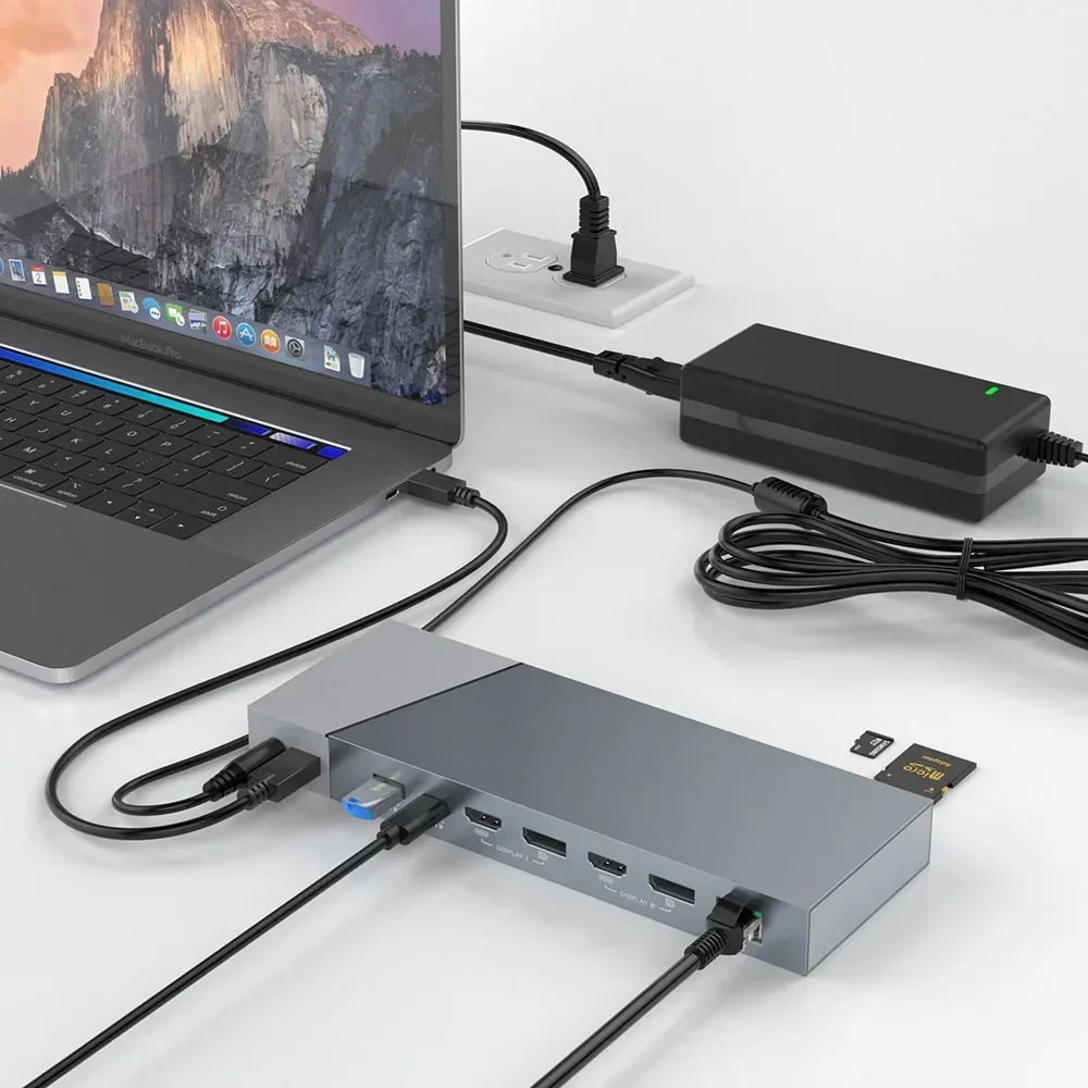2025 16 Ports USB C Hub With DC Power Adapter for Macbook Triple Displaylink MST Docking Station