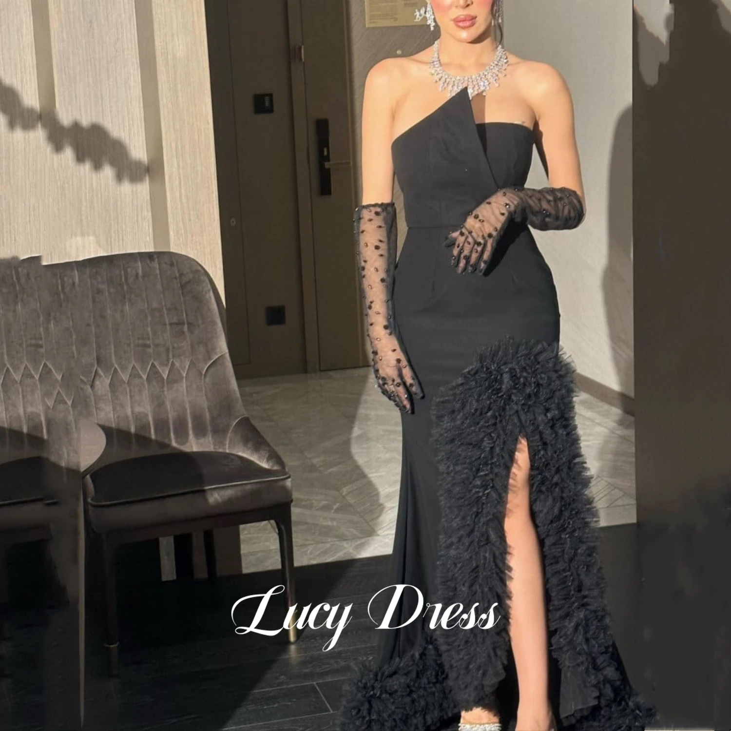 

Lucy Evening Dress Black Fishtail Cut Grace Robes De Cocktail Dresses for Special Occasions Ball Gowns Customized فساتين سهرة