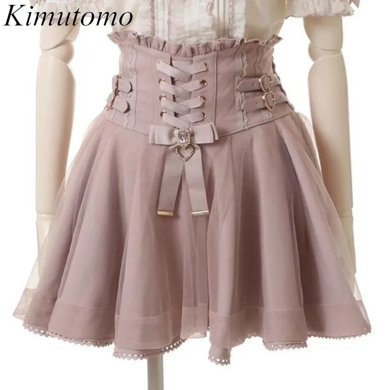 Kimutomo Skirts Women Bandage Lolita Ruffles  High Waist Y2k Aesthetic Sweet Lace Gothic JK Japanese Kawaii Mini Cake Skirts