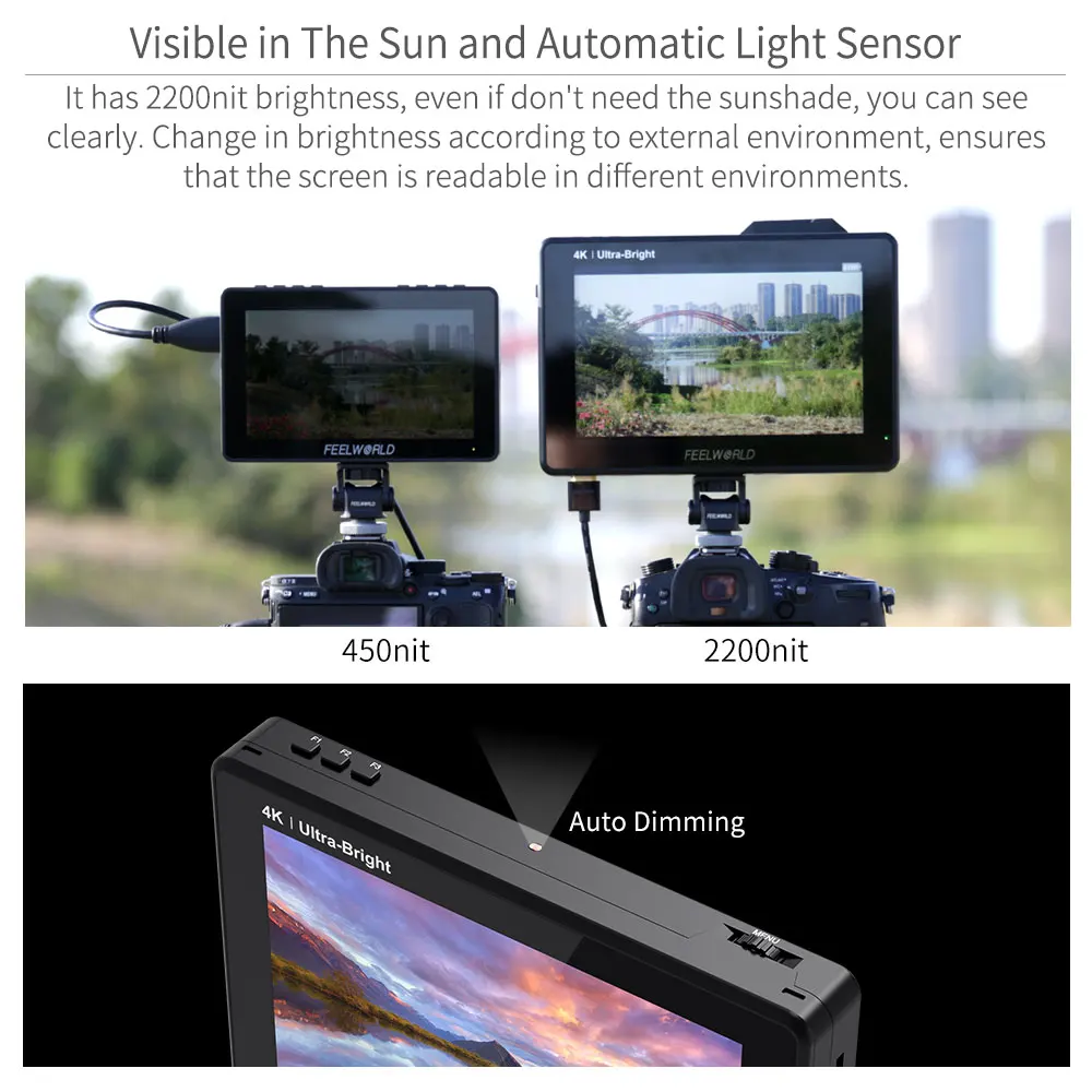 FEELWORLD LUT7 PRO DSLR Monitor de campo de câmera 7 polegadas 2200nits 3D LUT Touch Screen 4K HDMI 1920X1200 com kit de alimentação externa F970