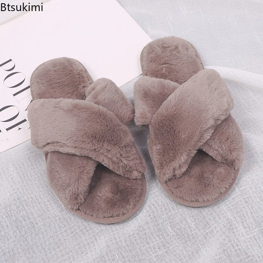 New Women's House Slippers Faux Fur Fashion Casual Warm Shoes Ladies Slip on Flats Autumn Winter Soft Cozy Home Furry Slippers