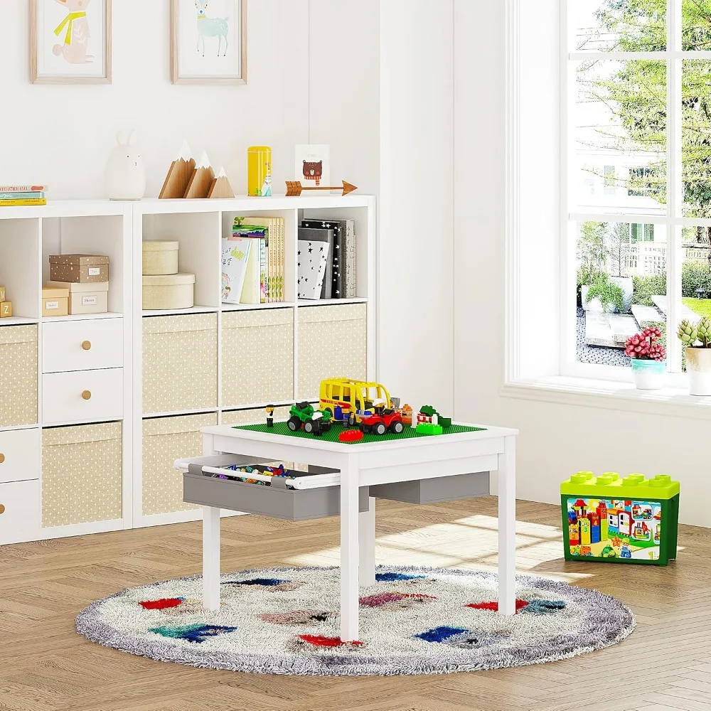 2 in 1 Kids Construction Play Table with Storage Drawers and Built in Plate (White)